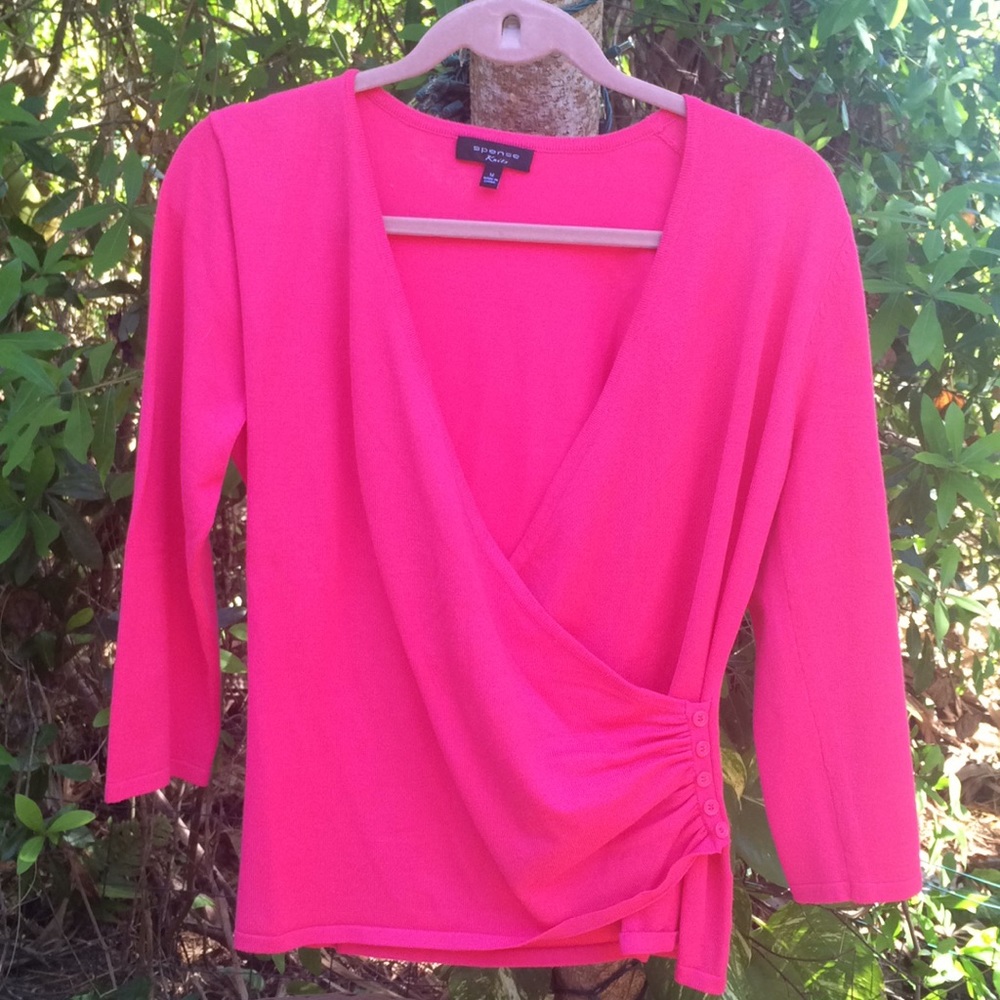 Hot pink faux wrap 3/4 sleeve sweater